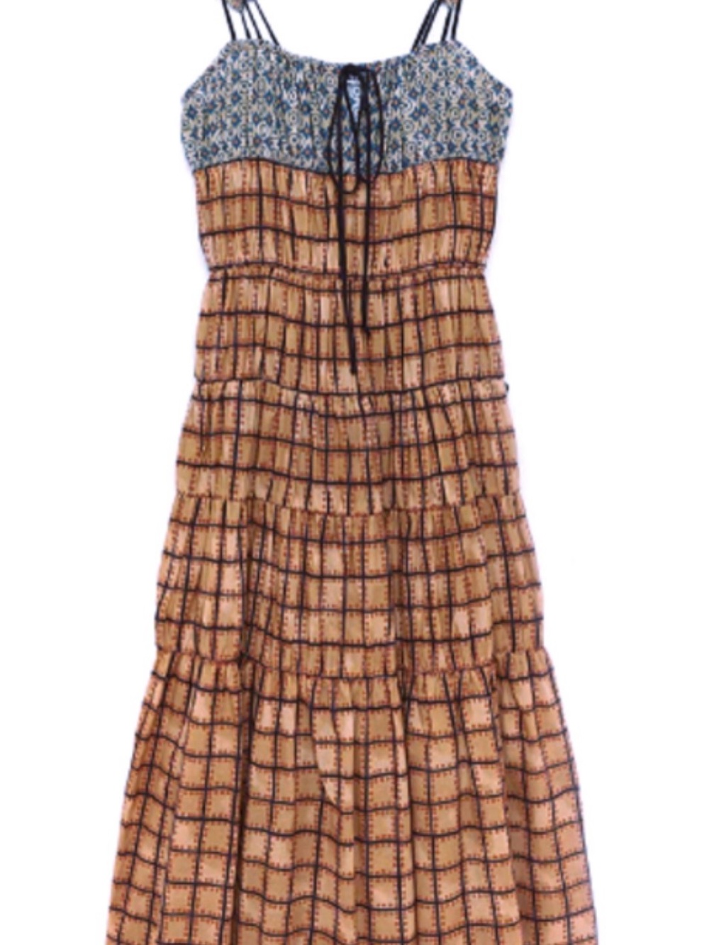 Ciao Lucia Brown Grid Midi Dress with Patterned Bodice - Picture 2 of 5